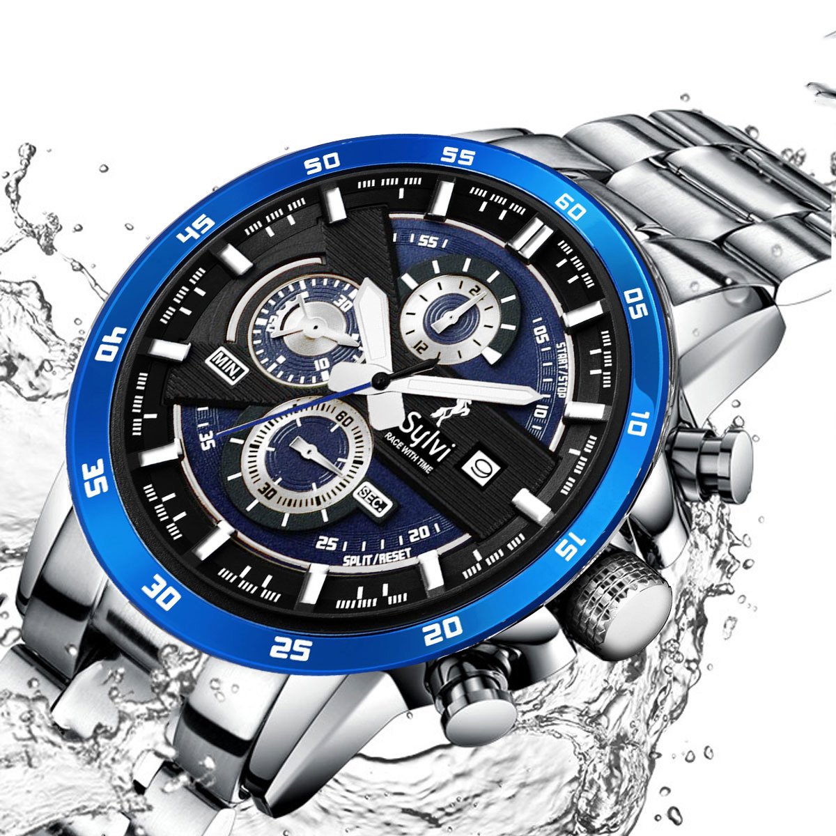 Working Chronograph Lustrous Transition Metal Blue Steel Silver-for Men