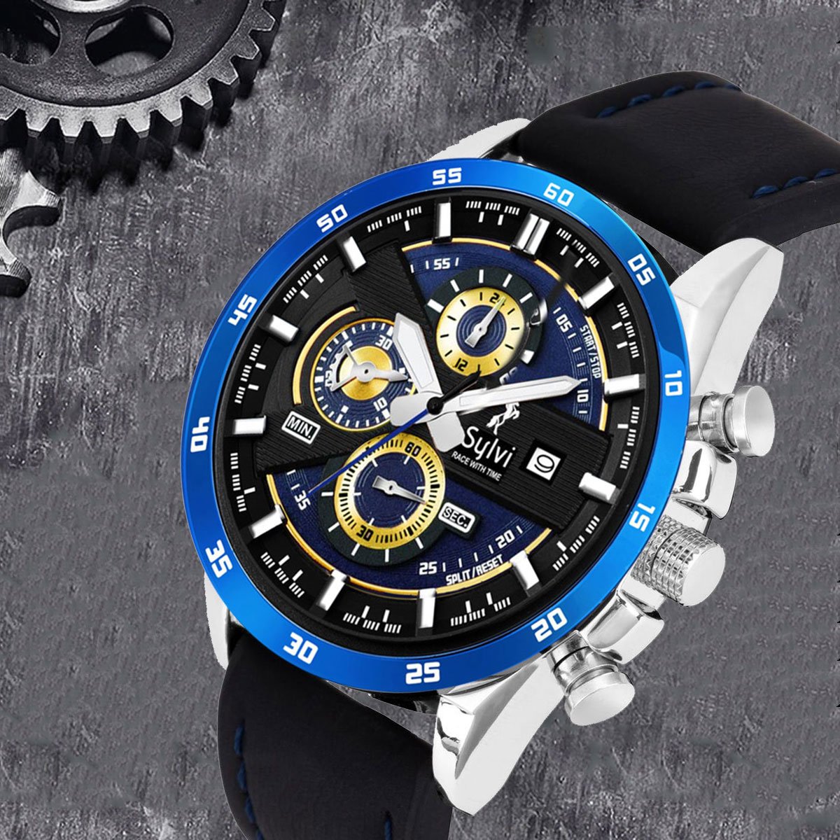 WORKING CHRONOGRAPH GENUINE LEATHER BLUE-FOR MEN (556)