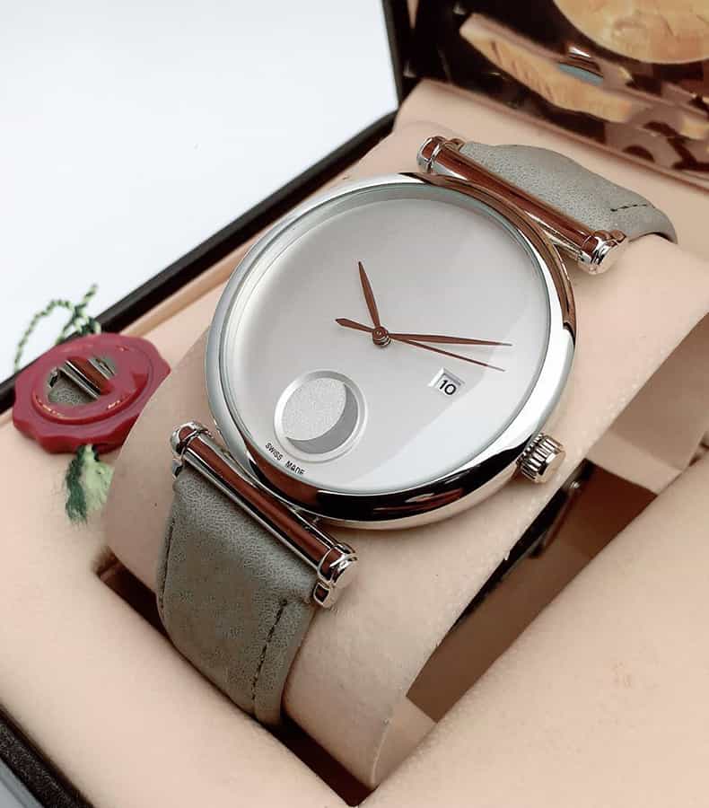 Grey Leather Belt White Dial Date Dashing Mens Watch
