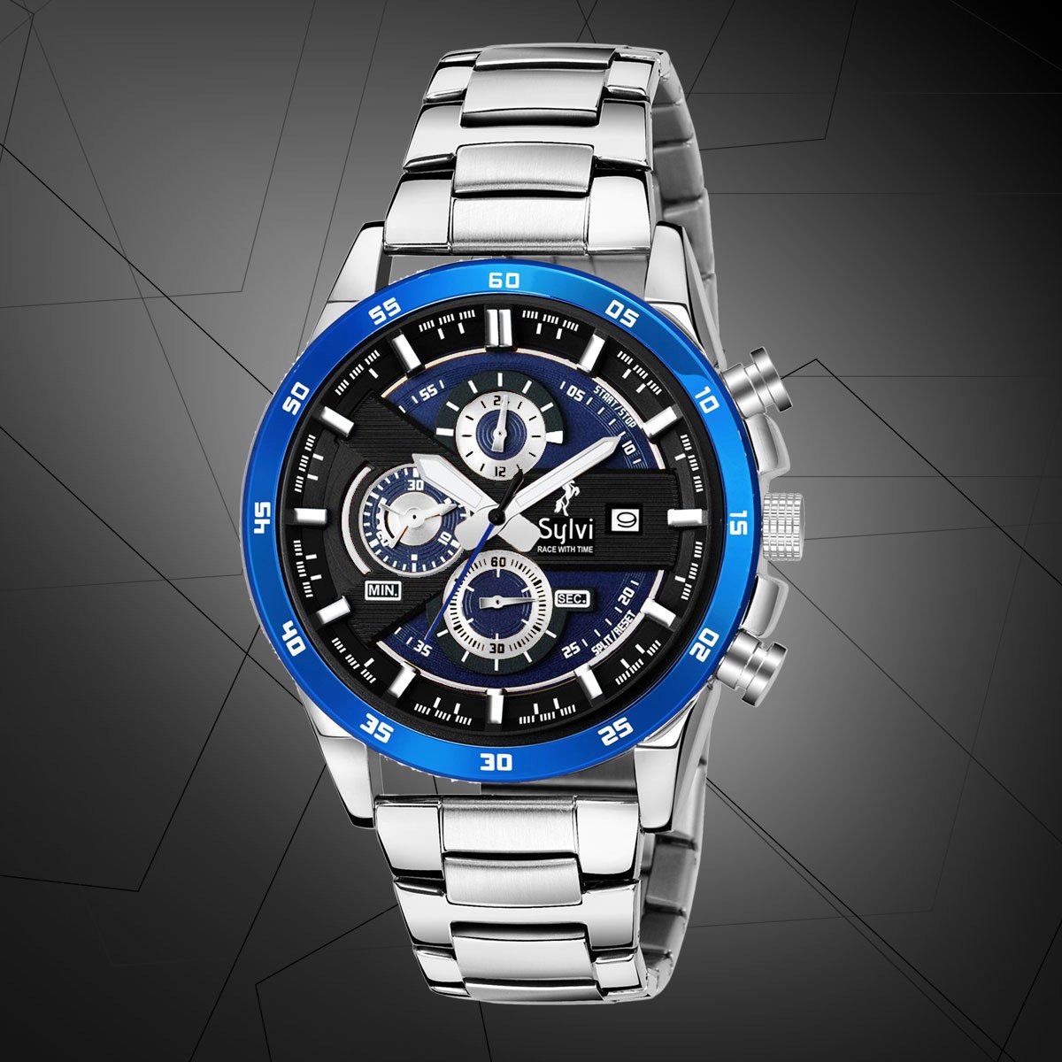 Working Chronograph Lustrous Transition Metal Blue Steel Silver-for Men