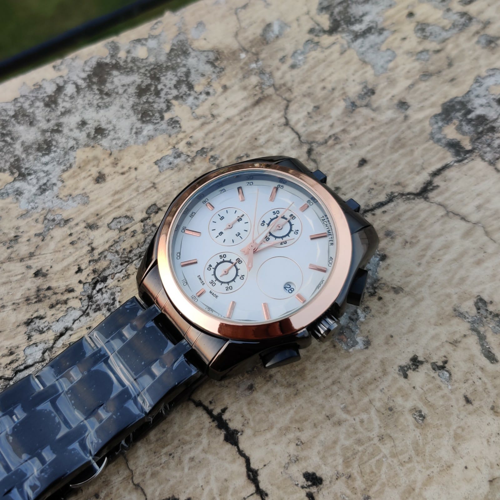 Rose Gold and White Dial With Black Stainless Steel Strap Mens Watch