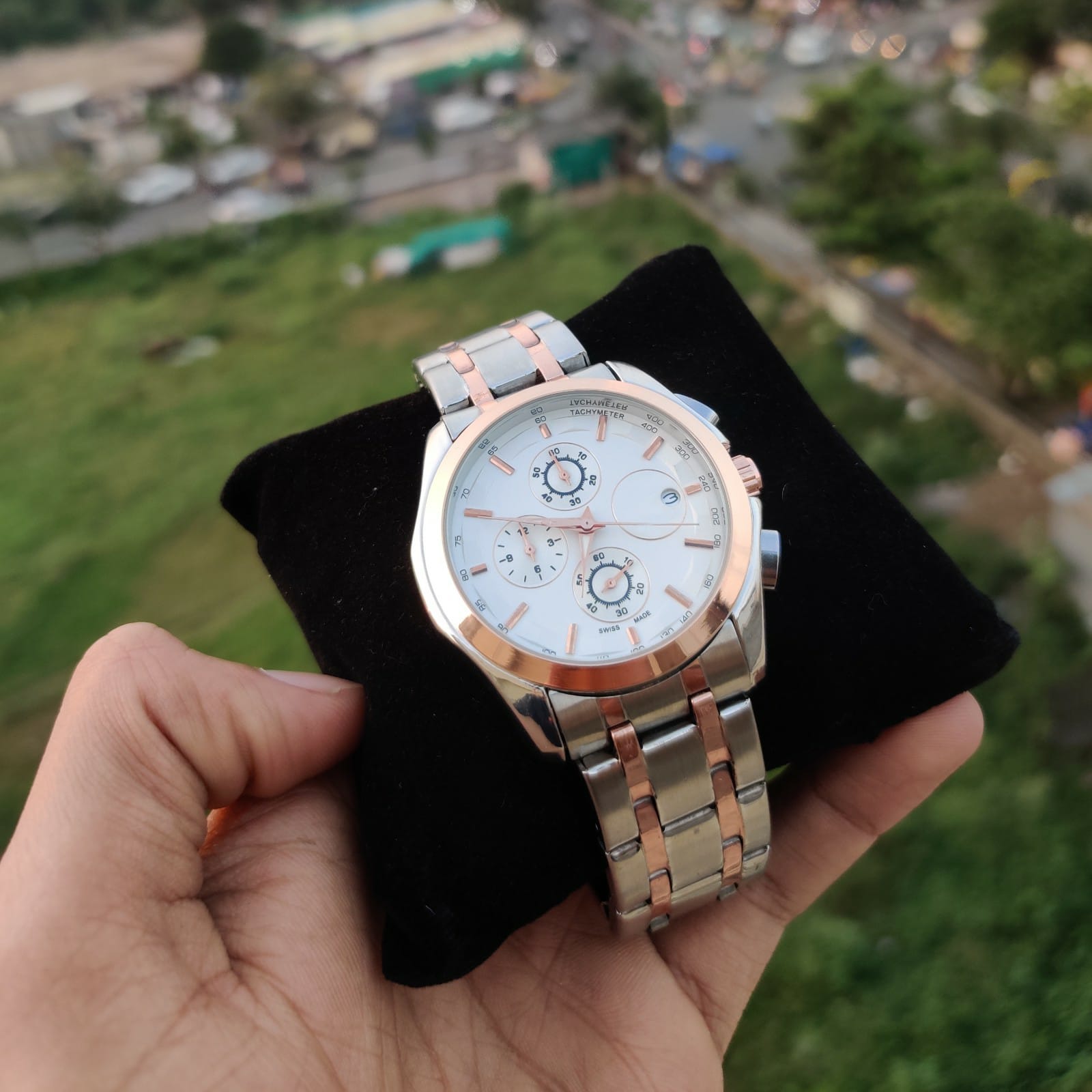 Rose Gold and White Dial With Silver Stainless Steel Strap Mens Watch