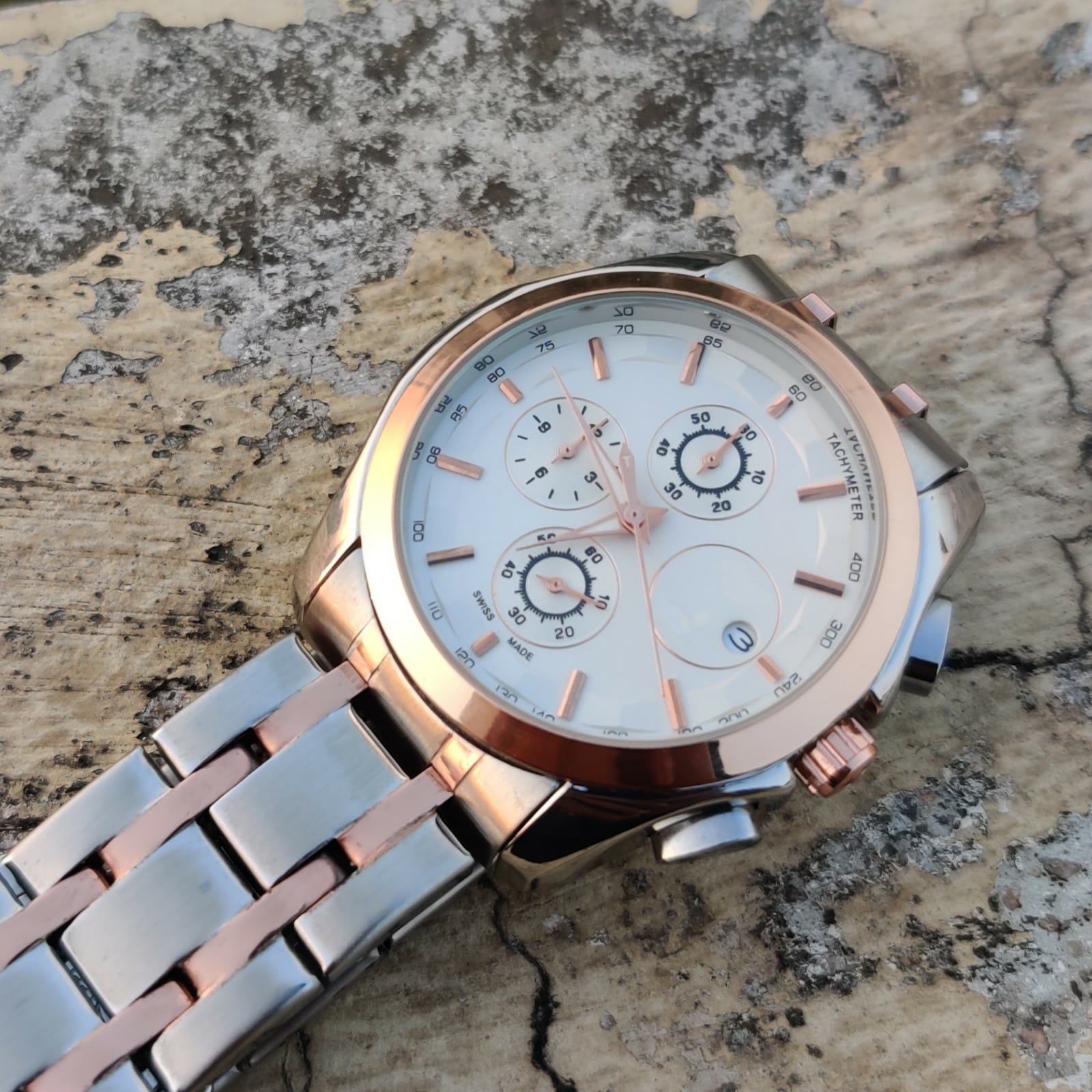 Rose Gold and White Dial With Silver Stainless Steel Strap Mens Watch