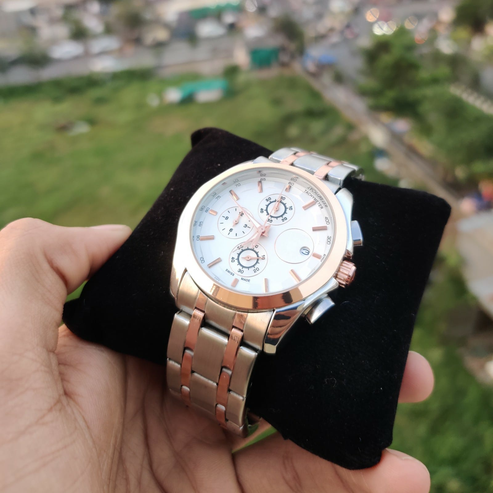 Rose Gold and White Dial With Silver Stainless Steel Strap Mens Watch